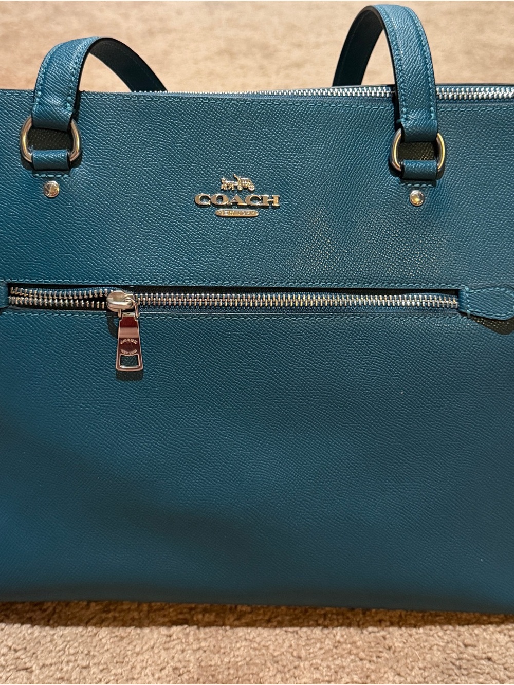 Coach Teal Saffiano Leather Zip-Front Tote